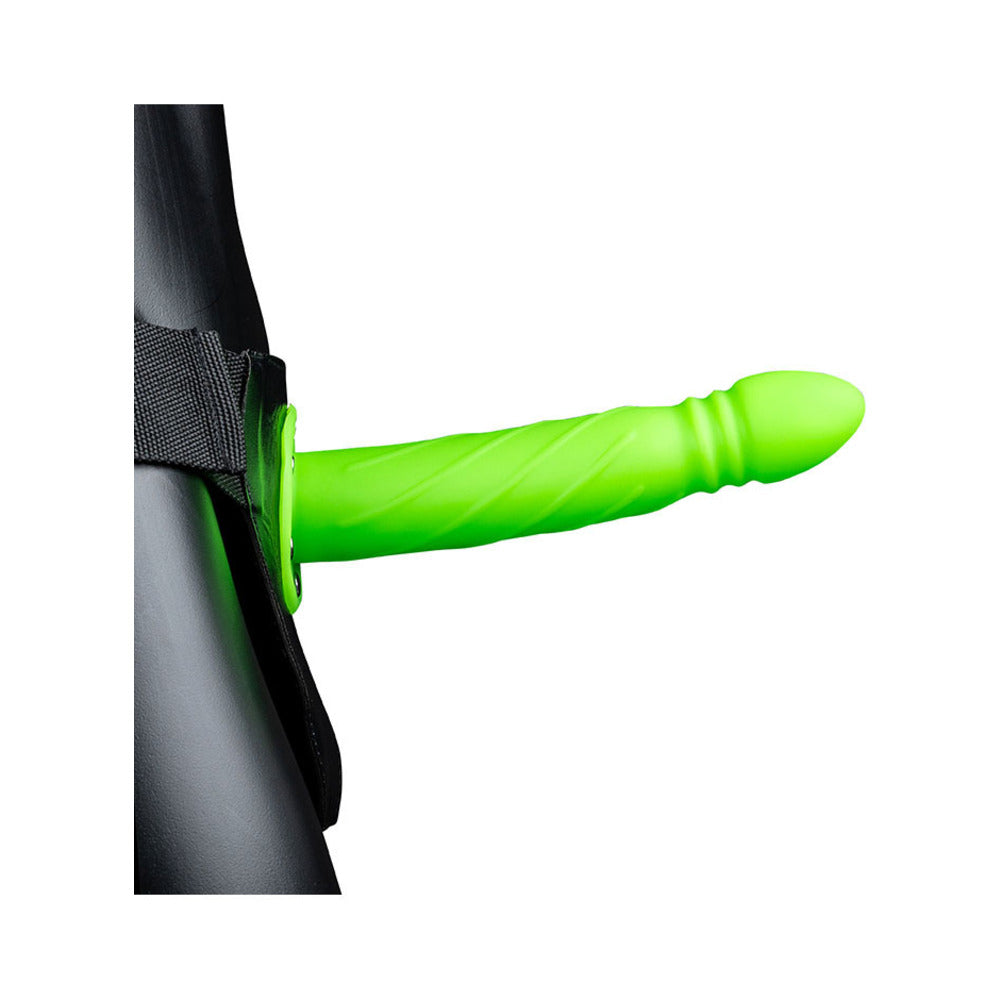 Shots - Ouch! Twisted 8 in. Glow in the Dark Hollow Strap-On Neon Green - Harnesses & Strap-Ons - PVC