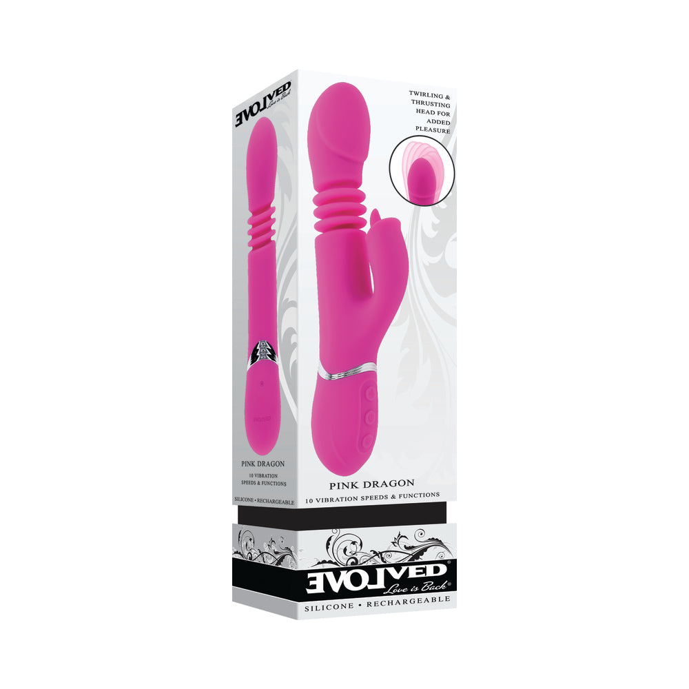 Evolved - Evolved Pink Dragon Rechargeable Thrusting Dual Stimulator Silicone Pink - Vibrators - Silicone