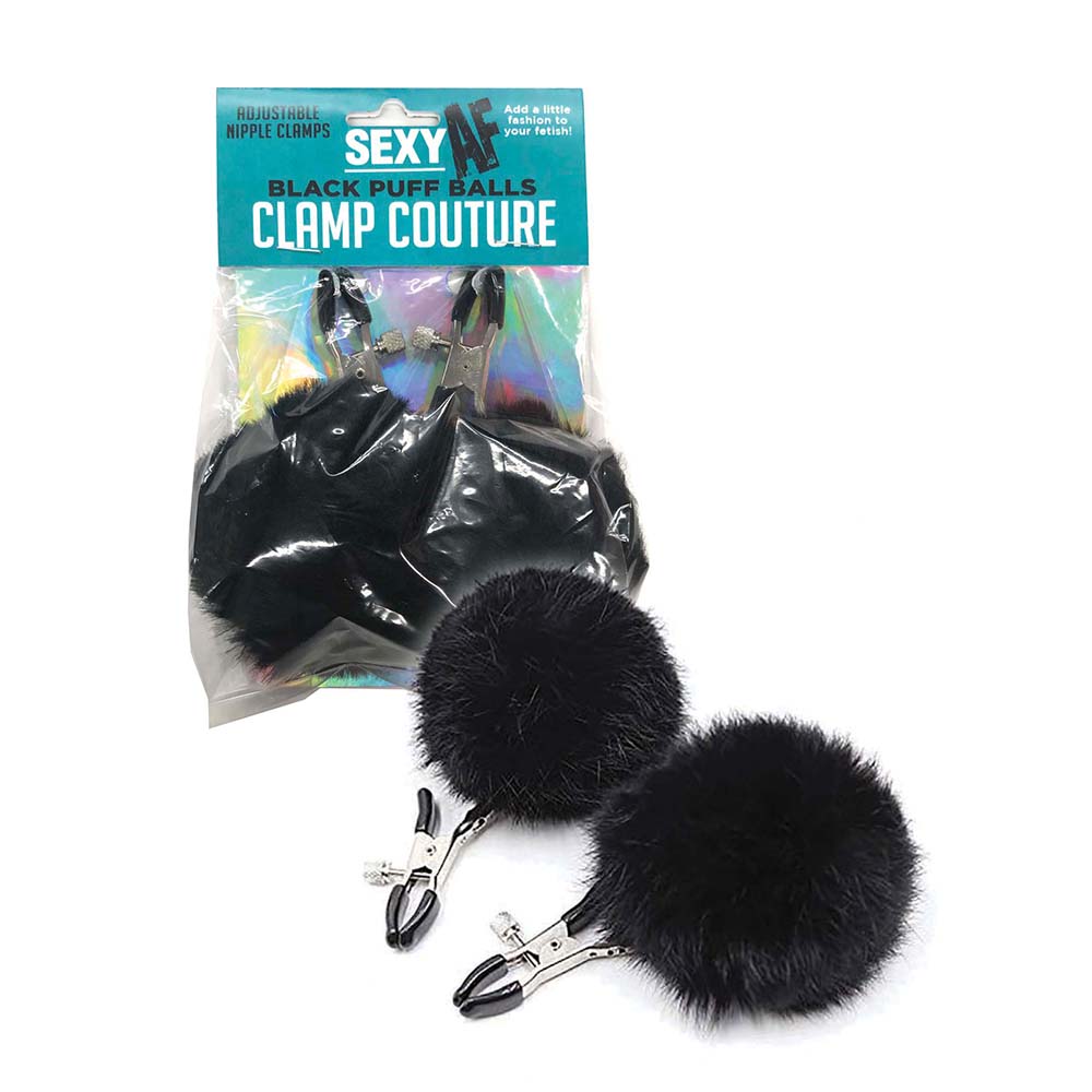 Little Genie - AF Sexy Nipple Clamps Black Puff Balls - Bondage & Fetish Toys - Metal