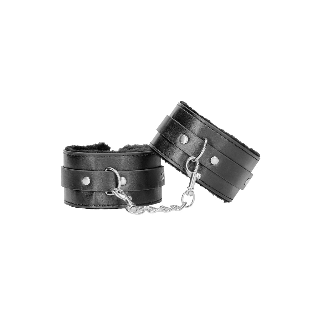 Shots - Ouch! Black & White Adjustable Plush Bonded Leather Ankle Cuffs Black - Bondage & Fetish Toys - Leather