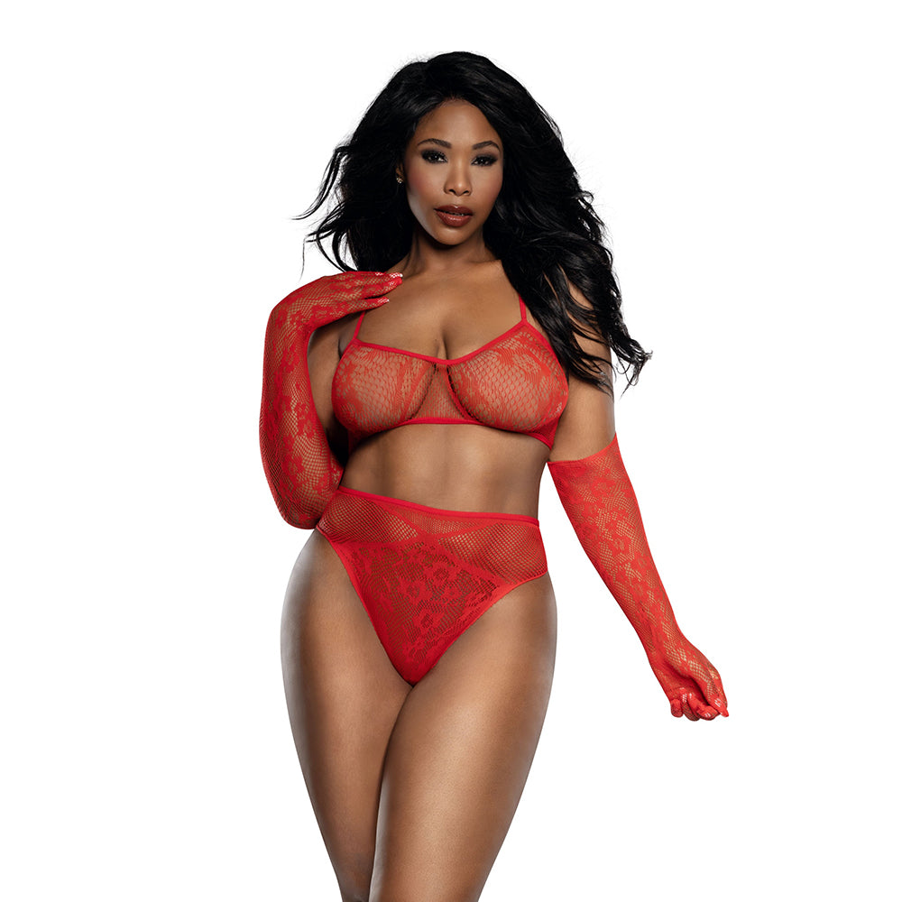 Dreamgirl - Dreamgirl Lace Seamless 3-Piece Set Red Queen Size - General