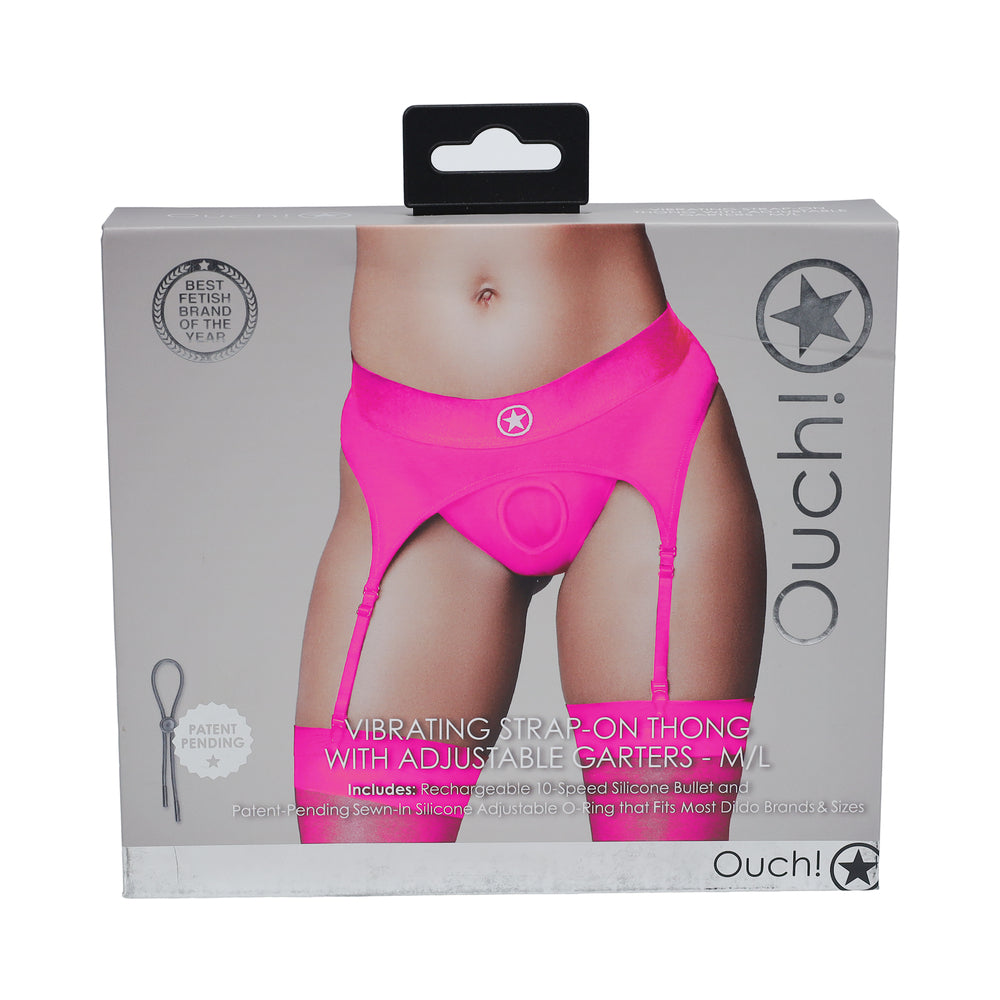 Shots - Ouch! Vibrating Strap-on Thong with Adjustable Garters Pink M/L - Harnesses & Strap-Ons - Nylon