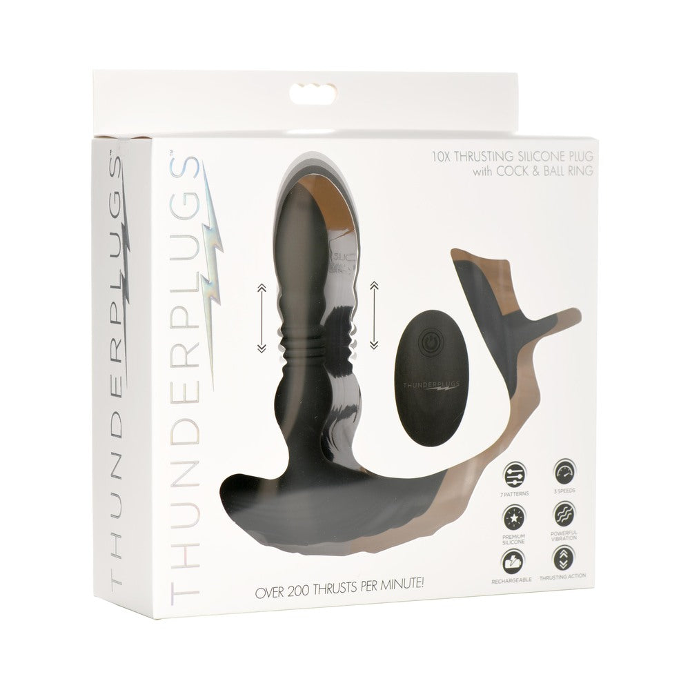 XR Brands - Thunderplugs 10X Thrusting Silicone Vibrator with Cock & Ball Strap & Remote - Anal Toys & Stimulators - Silicone