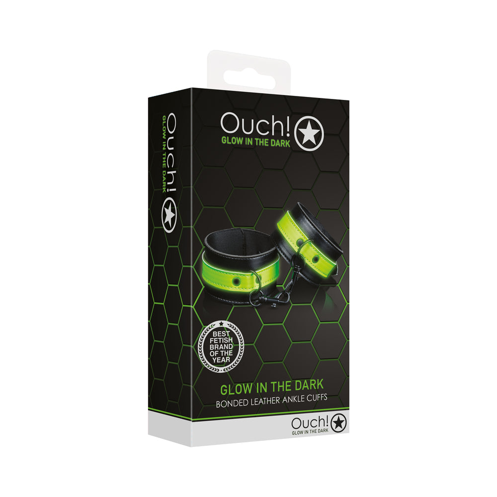 Shots - Ouch! Glow in the Dark Bonded Leather Handcuffs Neon Green - Bondage & Fetish Toys - Faux Leather/Vegan Leather