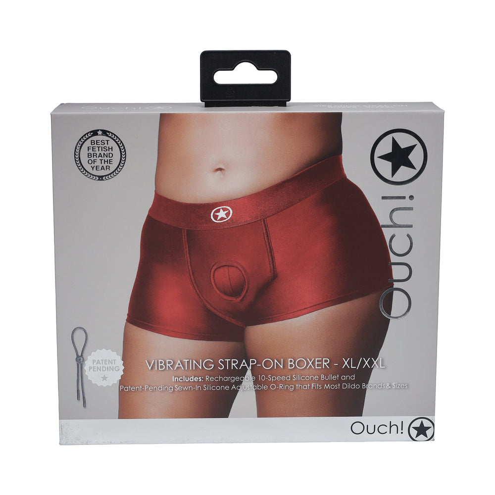 Shots - Ouch! Vibrating Strap-on Boxer Red XL/XXL - Harnesses & Strap-Ons - Nylon