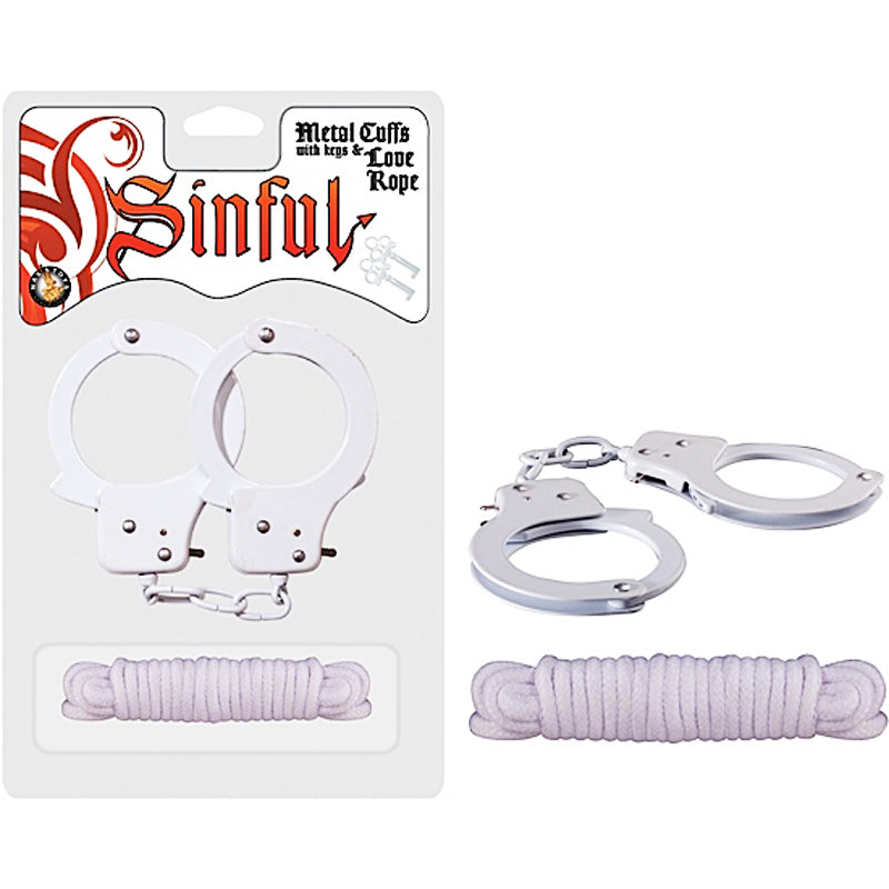 Nasstoys - Sinful Metal Cuffs With Keys & 118in. Love Rope (White) - Bondage & Fetish Toys - Metal
