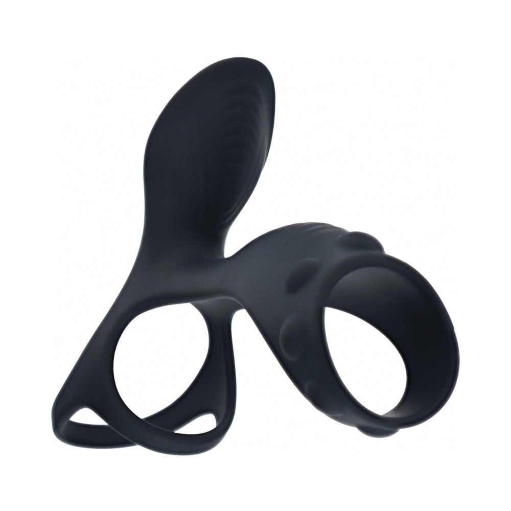 Shots - LEVELZ Vibrating Silicone Cock & Ball Ring with Shaft Loop Black - Couples