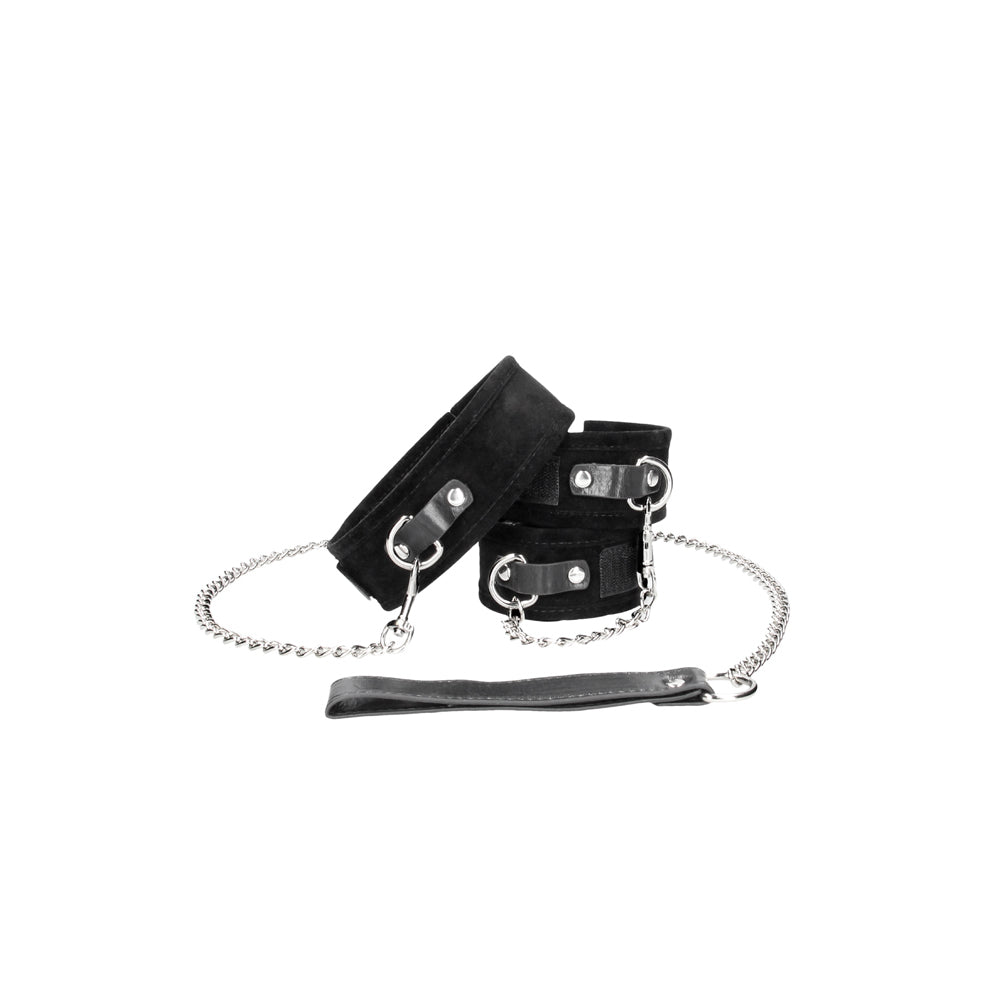 Shots - Ouch! Black & White Adjustable Velcro Collar With Leash & Wrist Cuffs Black - Bondage & Fetish Toys - Velcro