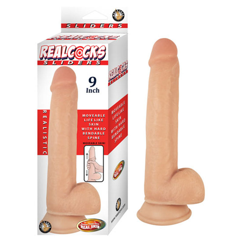 Nasstoys - Realcocks Sliders 9in Moveable Skin Bendable Harness Compatible Suction Cup Base Flesh - Dildos - TPE/TPR/Elastomers