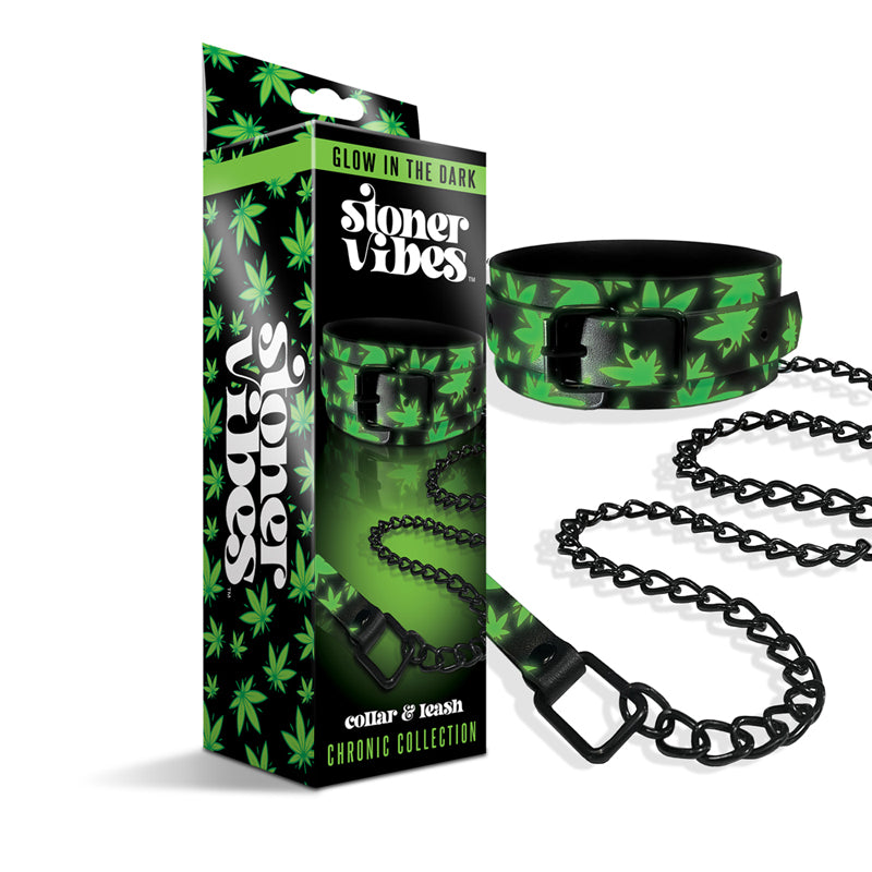 Global Novelties - Stoner Vibes Chronic Collection Glow in the Dark Collar and Leash - Bondage & Fetish Toys - Faux Leather/Vegan Leather