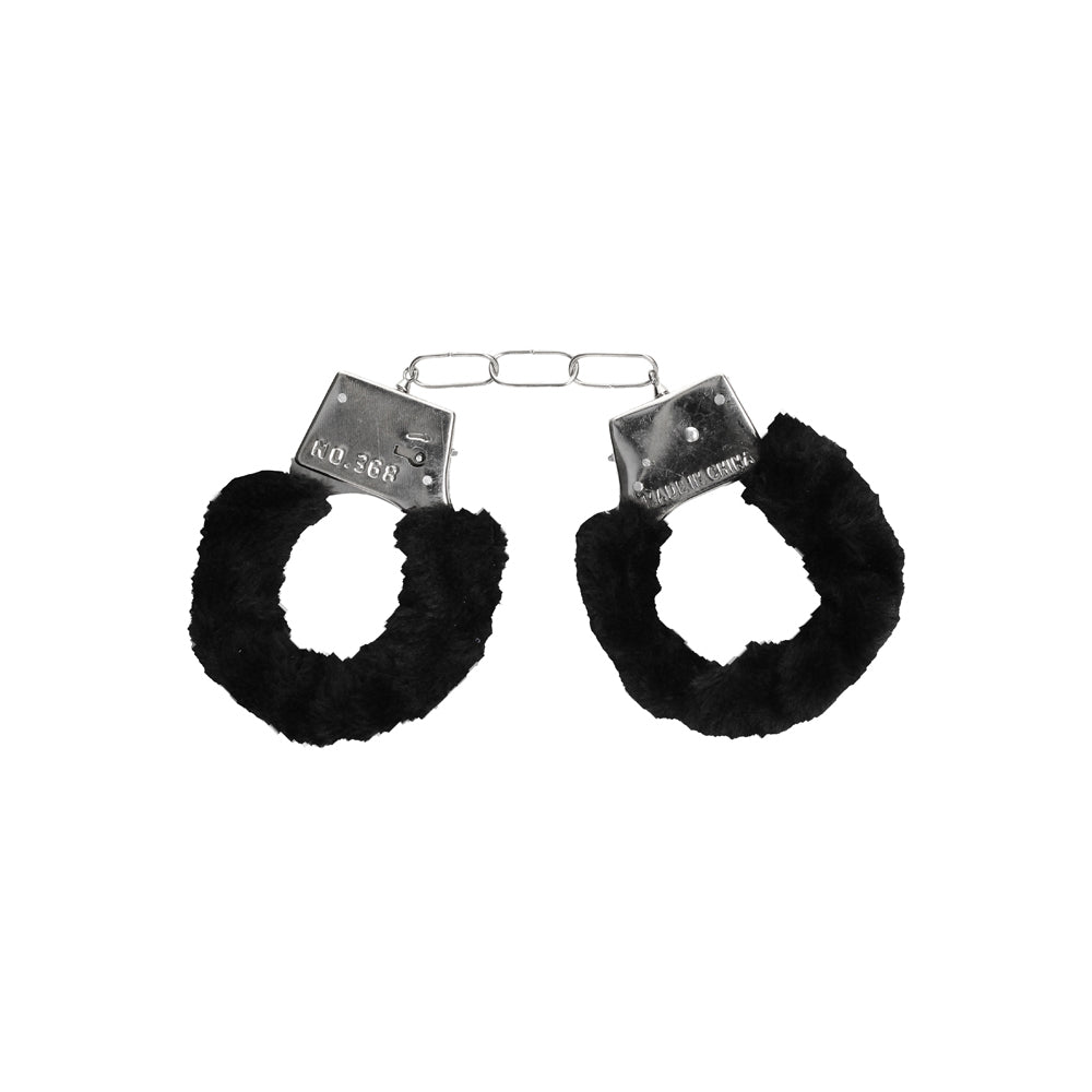 Shots - Ouch! Black & White Pleasure Furry Handcuffs with Quick-Release Button - Bondage & Fetish Toys - Metal