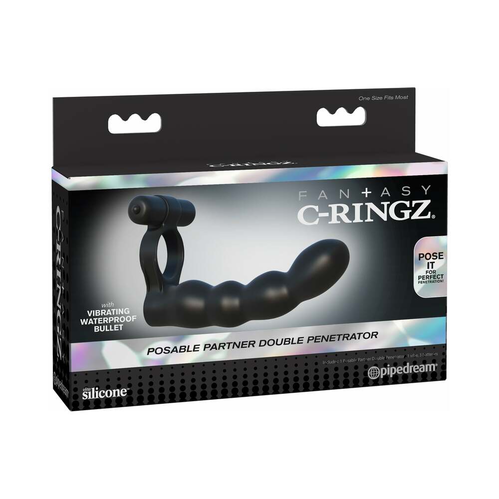 Pipedream - Fantasy C-Ringz Posable Partner Double Penetrator Vibrating Cockring Black - Vibrators - Silicone