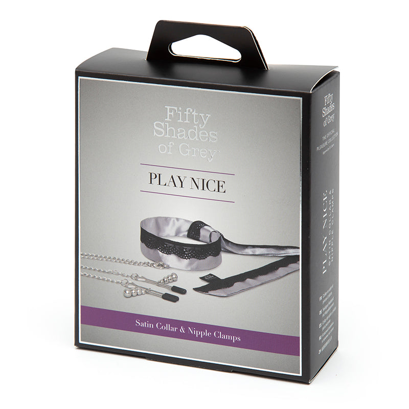 Fifty Shades of Grey - Fifty Shades of Grey Play Nice Satin Collar With Lace Trim & Adjustable Nipple Clamps Gray - Bondage & Fetish Toys - Satin