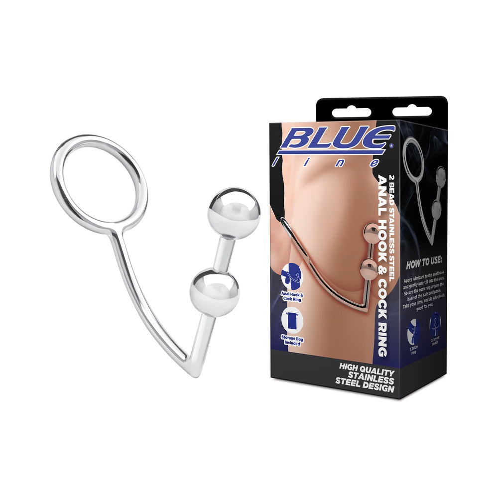 Electric Eel - Blue Line 2 Bead Stainless Steel Anal Hook & Cock Ring - Anal Toys & Stimulators - Metal
