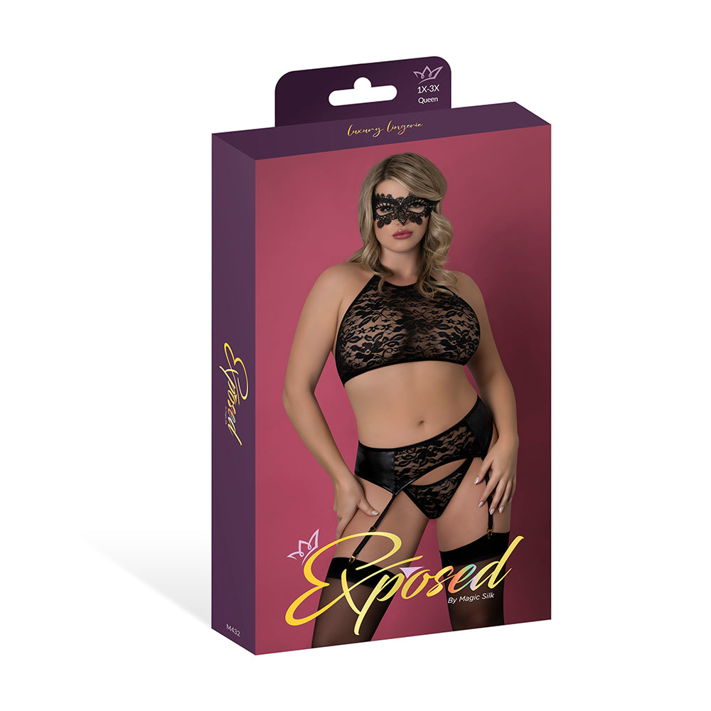 Magic Silk - "Magic Silk Sinful Halter Bra, Garter, Panty & Mask Set Black Queen Size" - General