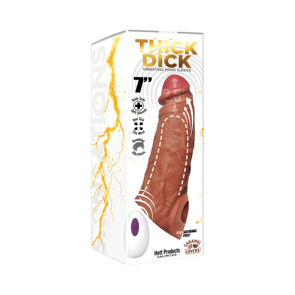 Hott Products - Skinsations Thick Dick 7 in. Vibrating Penis Sleeve with Remote Caramel Lovers - Penis Extension & Sleeves