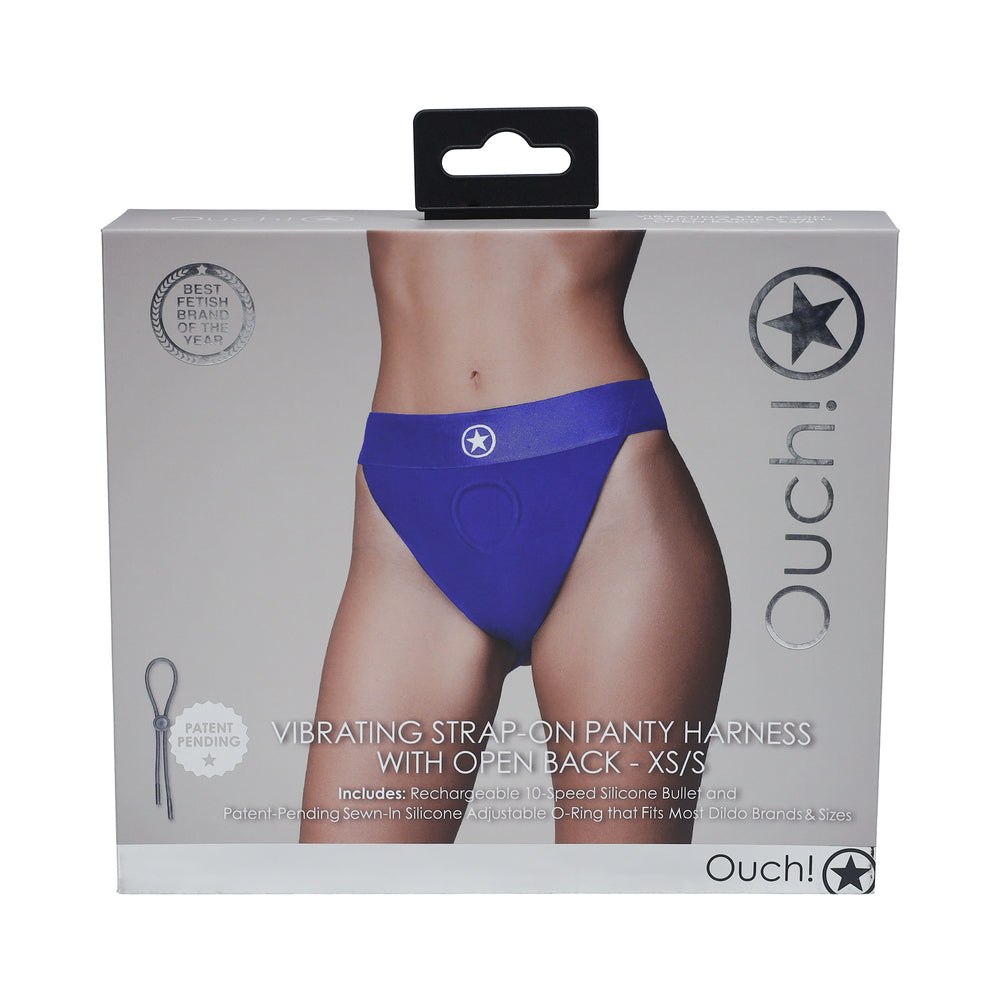 Shots - Ouch! Vibrating Strap-on Panty Harness with Open Royal Blue Black XS/S - Harnesses & Strap-Ons - Nylon