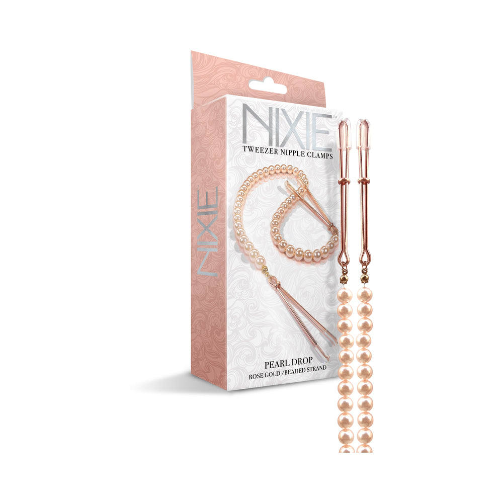 Global Novelties - Nixie Pearl Drop Beaded Tweezer Nipple Clamps Rose Gold - Bondage & Fetish Toys - Metal