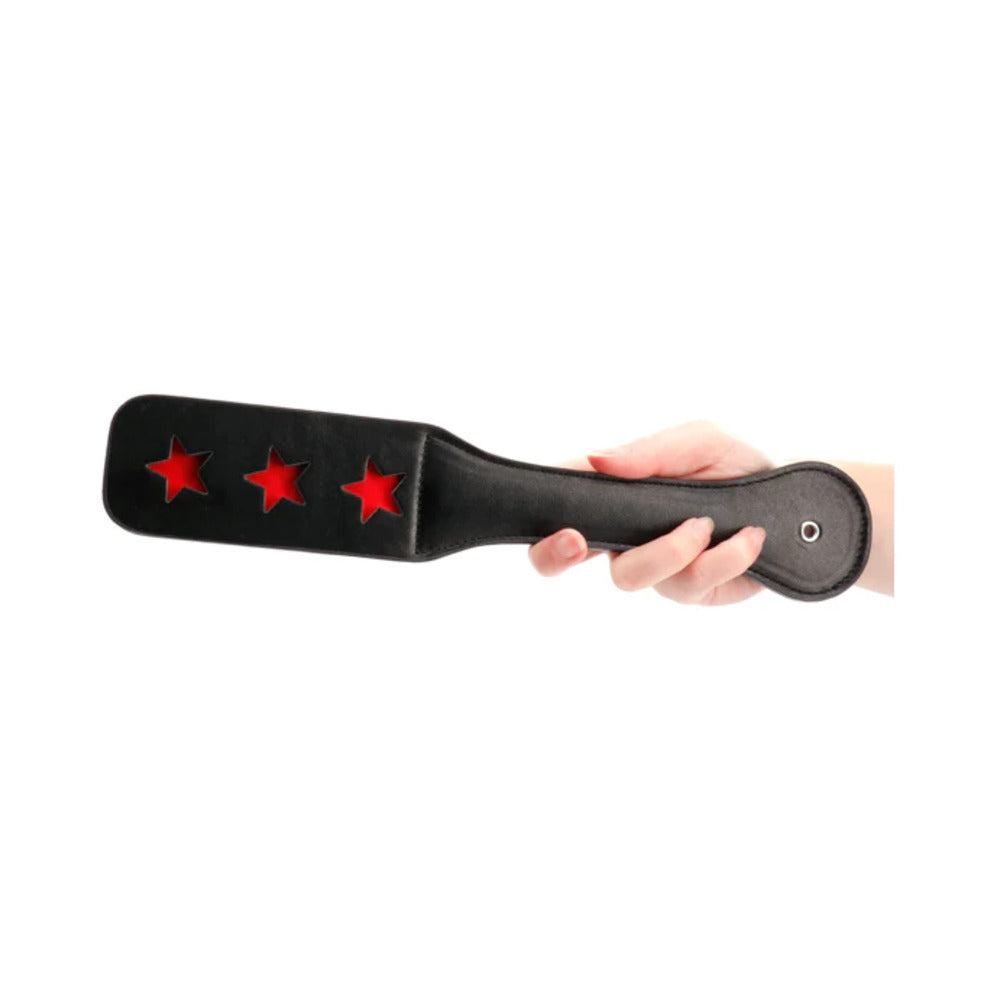 Shots - Ouch! Star Pattern Paddle Black - Bondage & Fetish Toys - Faux Leather/Vegan Leather