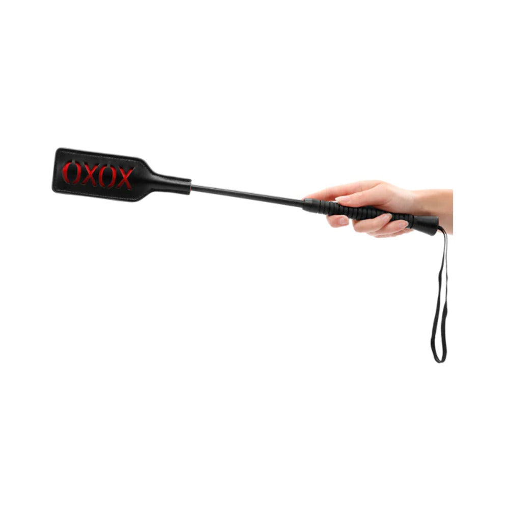 Shots - Ouch! ''XOXO'' Crop Black Large - Bondage & Fetish Toys - Faux Leather/Vegan Leather