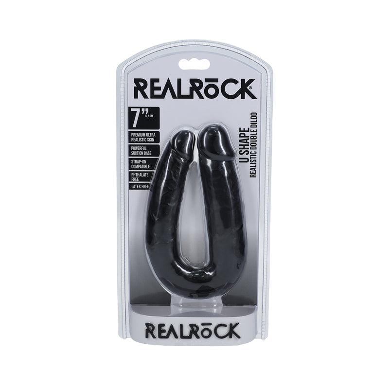 Shots - RealRock 7 in. U-Shaped Double Dildo Black - Dildos - PVC