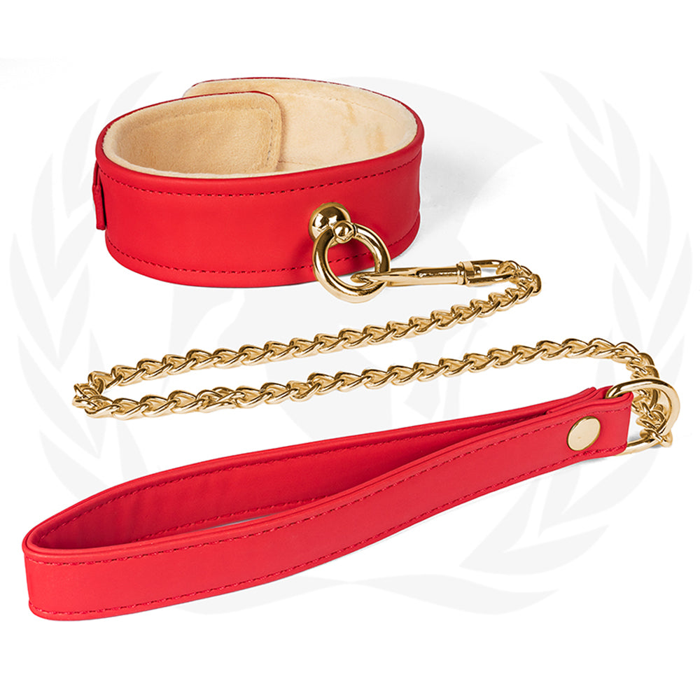Spartacus - Spartacus Plush Lined PU Red Collar And Chain Leash - Bondage & Fetish Toys - Polyurethane