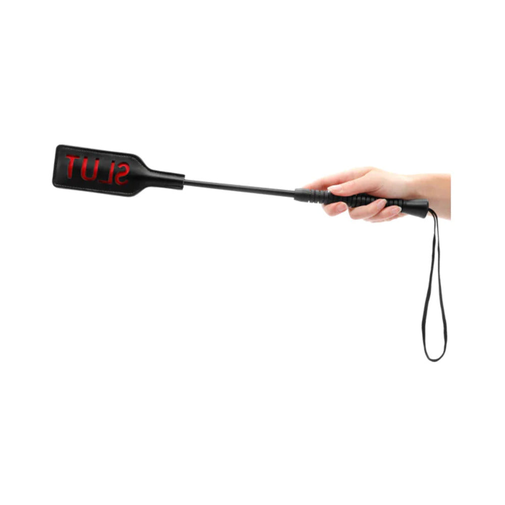 Shots - Ouch! ''Slut'' Crop Black Large - Bondage & Fetish Toys - Faux Leather/Vegan Leather