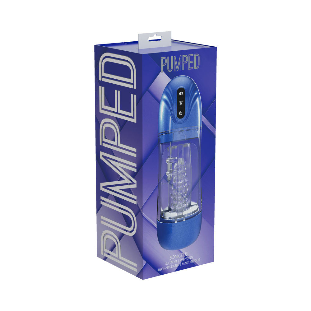 Shots - PUMPED SonicPull Masturbator Suction Vibration Multimedia Enhanced Metallic Blue - Masturbation Aids for Males - TPE/TPR/Elastomers