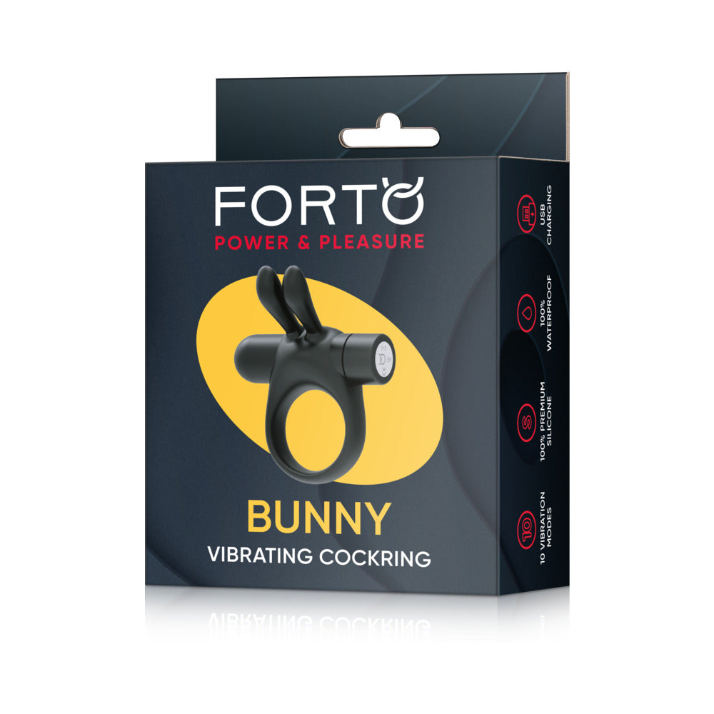 Forto - Forto Bunny Rechargeable Silicone Vibrating Cockring with Stimulating Ears Black - Cockrings - Silicone