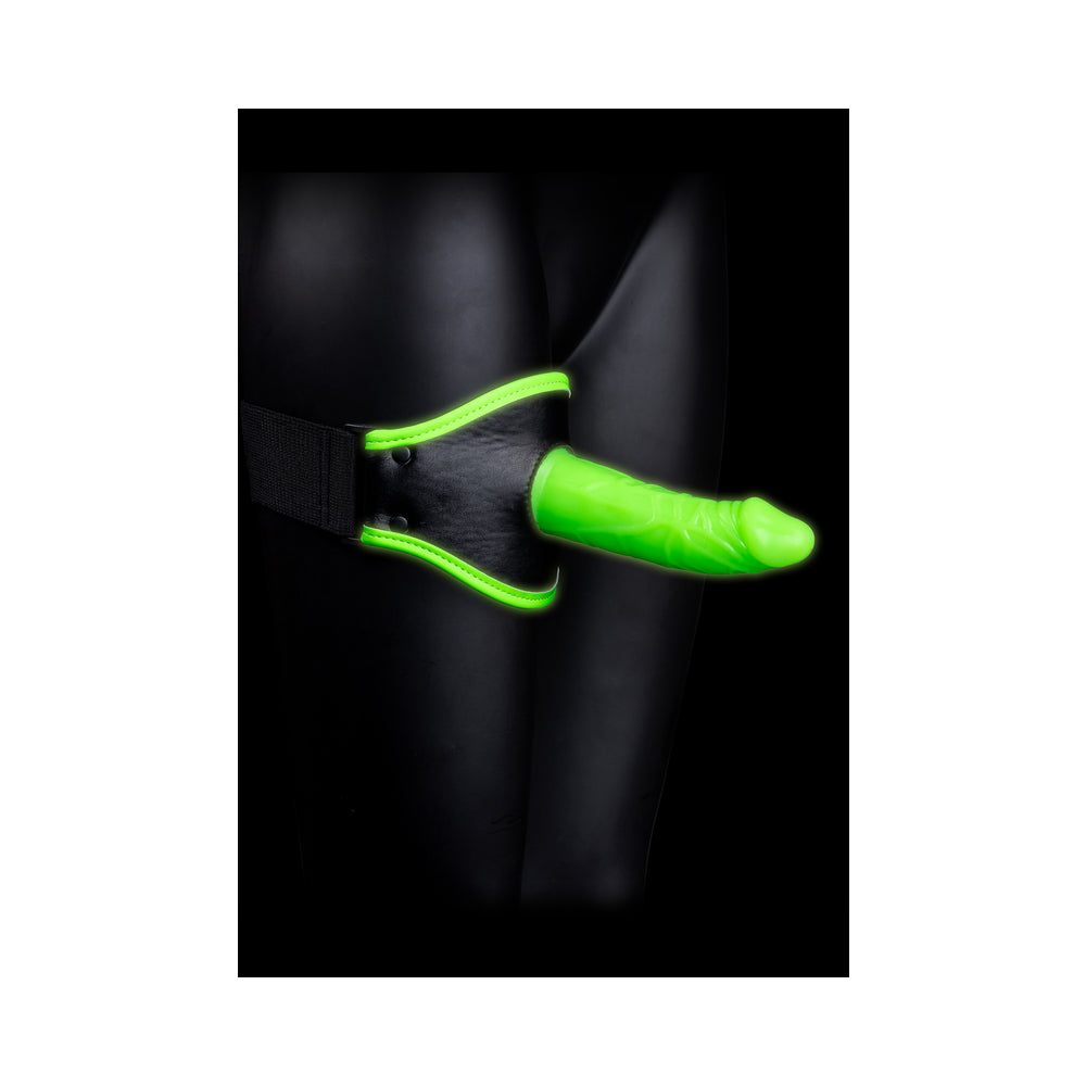 Shots - Ouch! Glow in the Dark Thigh Strap-On Harness With 5 in. Silicone Dildo Neon Green - Harnesses & Strap-Ons - Faux Leather/Vegan Leather