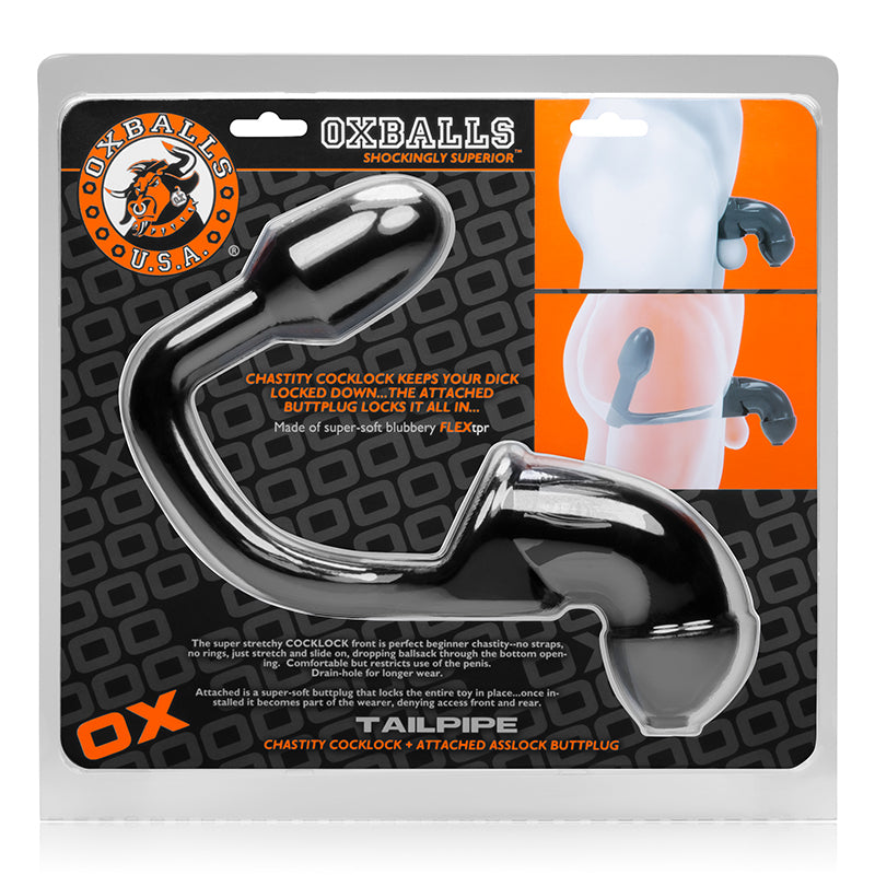 Oxballs - OxBalls Tailpipe, Chastity Cock-Lock And Attacehd Buttplug, Black - Anal Toys & Stimulators - TPE/TPR/Elastomers