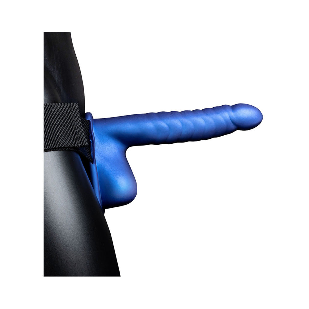 Shots - Ouch! Ribbed 8 in. Hollow Strap-On with Balls Metallic Blue - Harnesses & Strap-Ons - PVC
