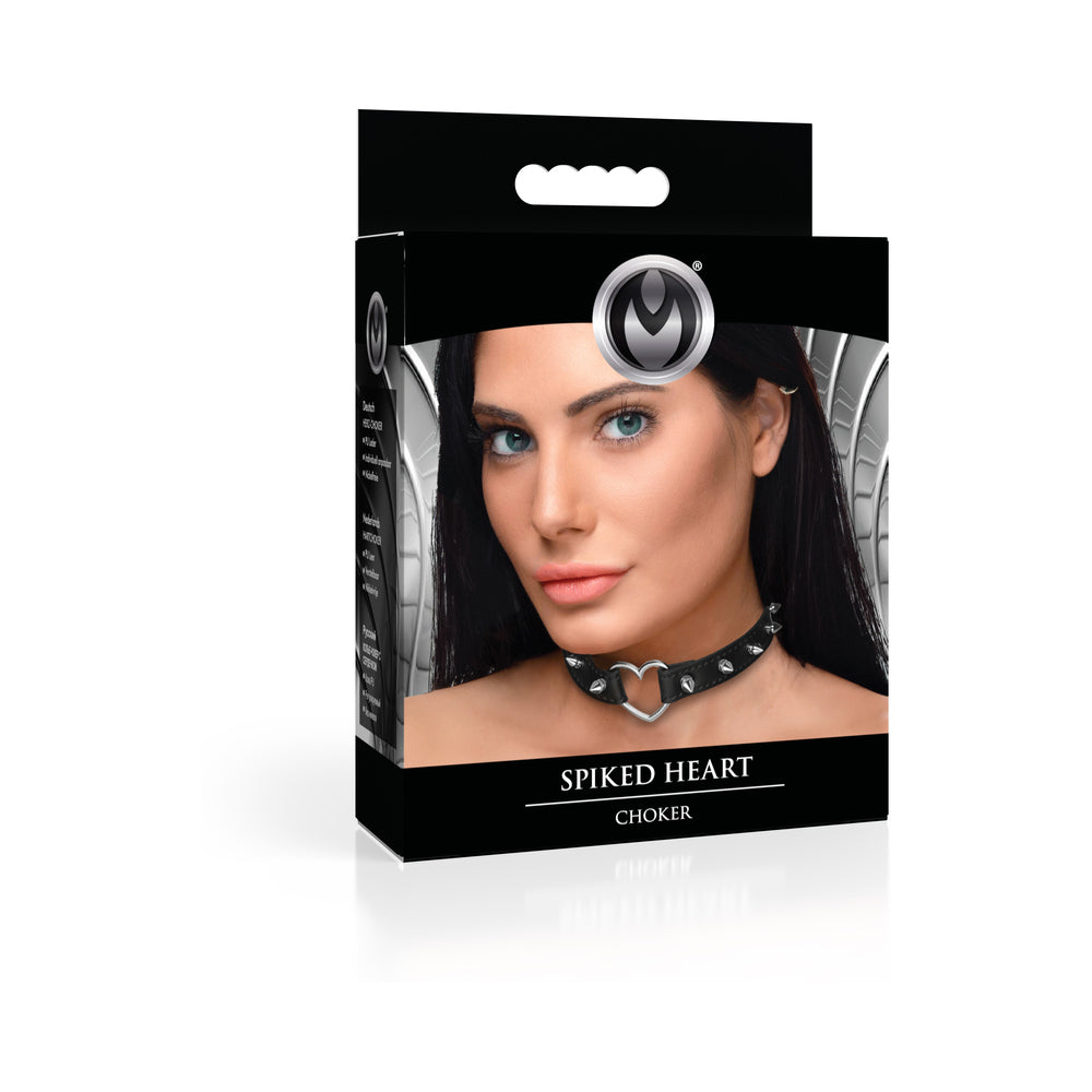 XR Brands - Master Series Spiked Heart Choker Black - Bondage & Fetish Toys - Faux Leather/Vegan Leather