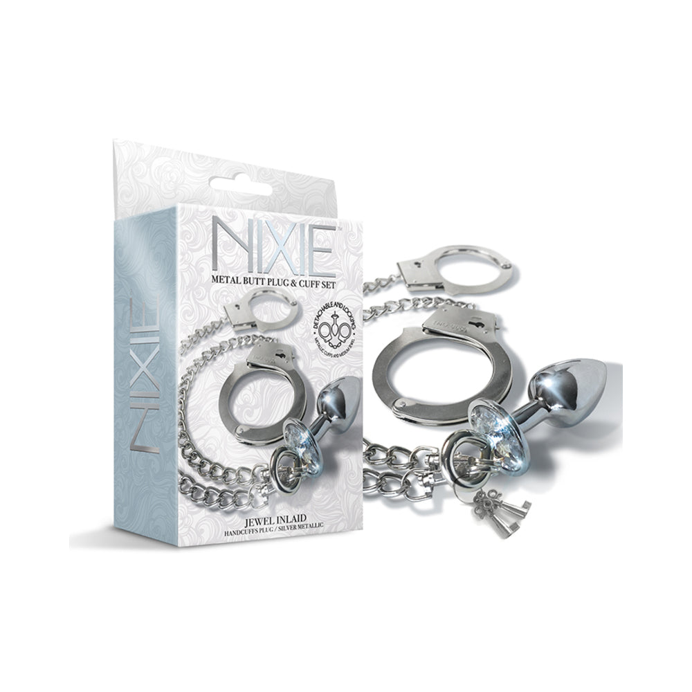 Global Novelties - Nixie Metal Butt Plug & Handcuffs Set Silver - Anal Toys & Stimulators - Metal