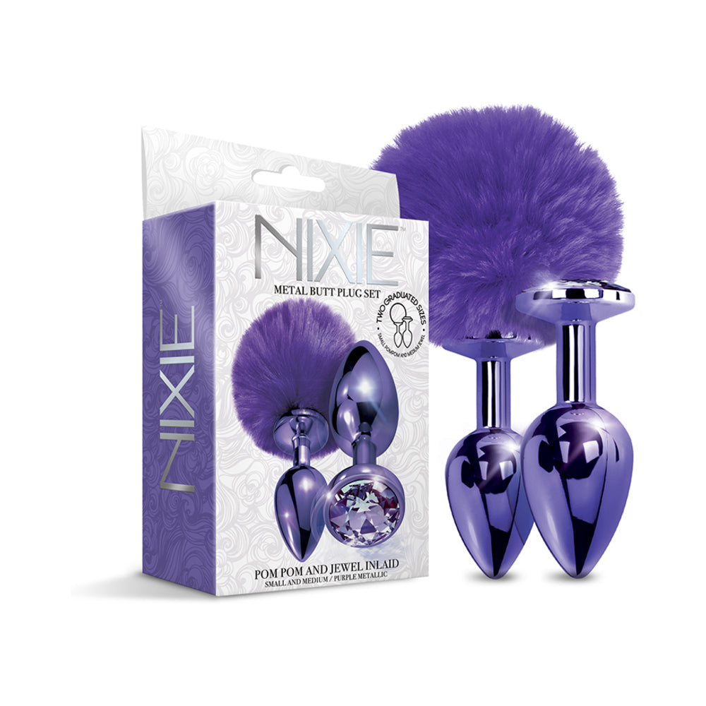 Global Novelties - NIXIE Metal Butt Plug Set Pom Pom and Jewel-Inlaid Metallic Purple - Anal Toys & Stimulators - Metal
