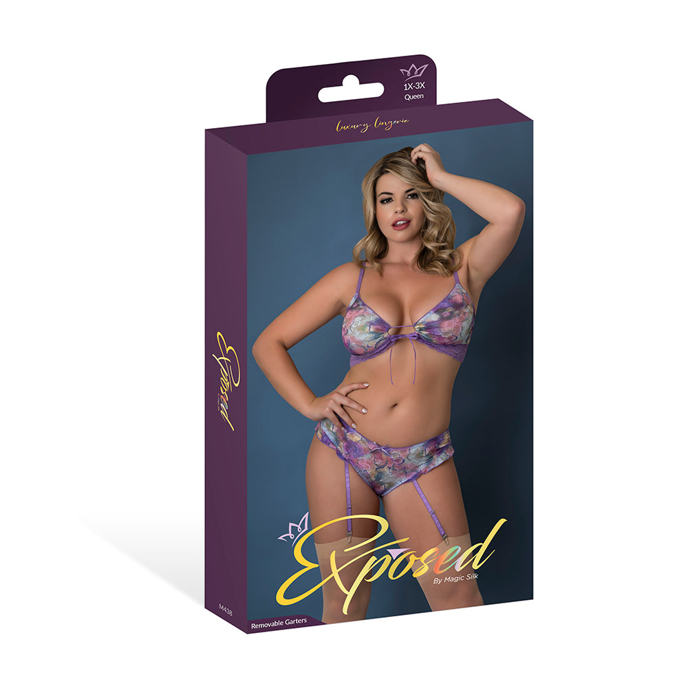 Magic Silk - Magic Silk Wisteria Mist Bralette & Panty with Removable Garters Floral Queen Size - General