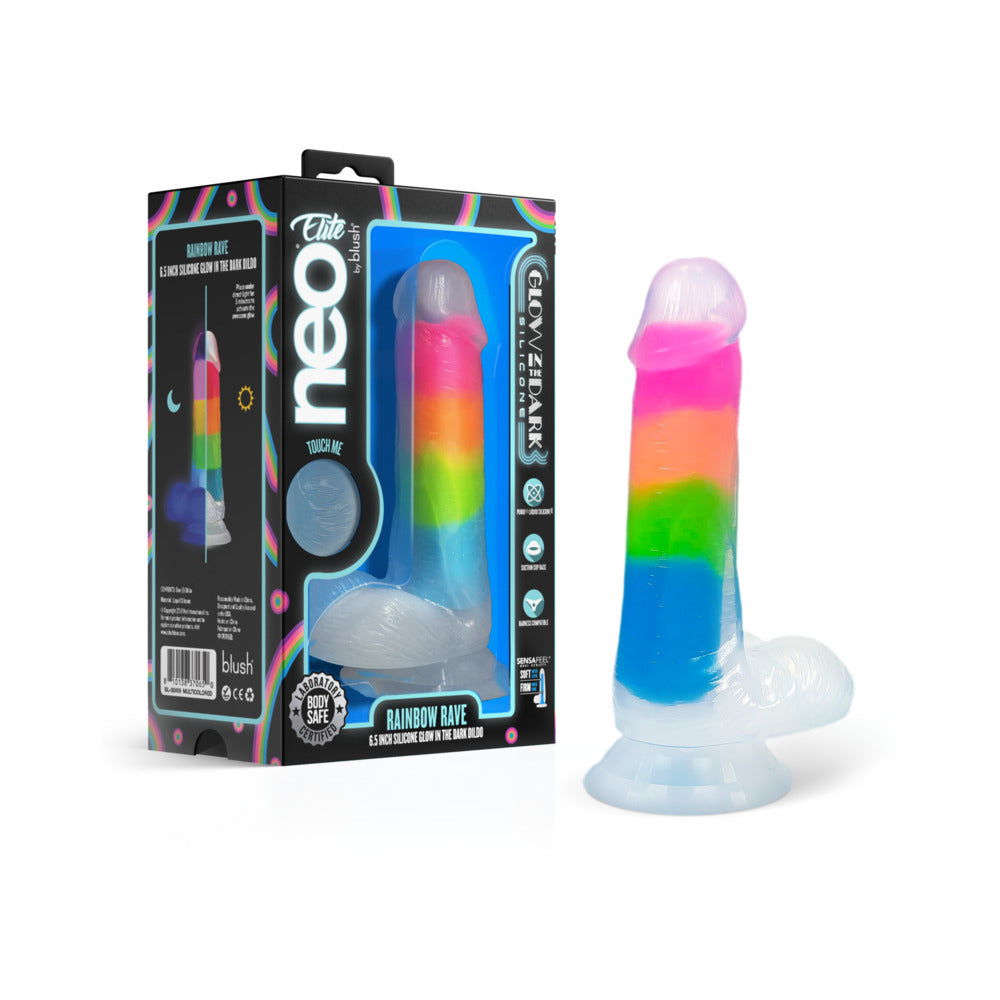 Blush - Neo Elite Glow-in-the-Dark Rainbow Rave 6.5 in. Silicone Dual Density Dildo - Dildos - Silicone