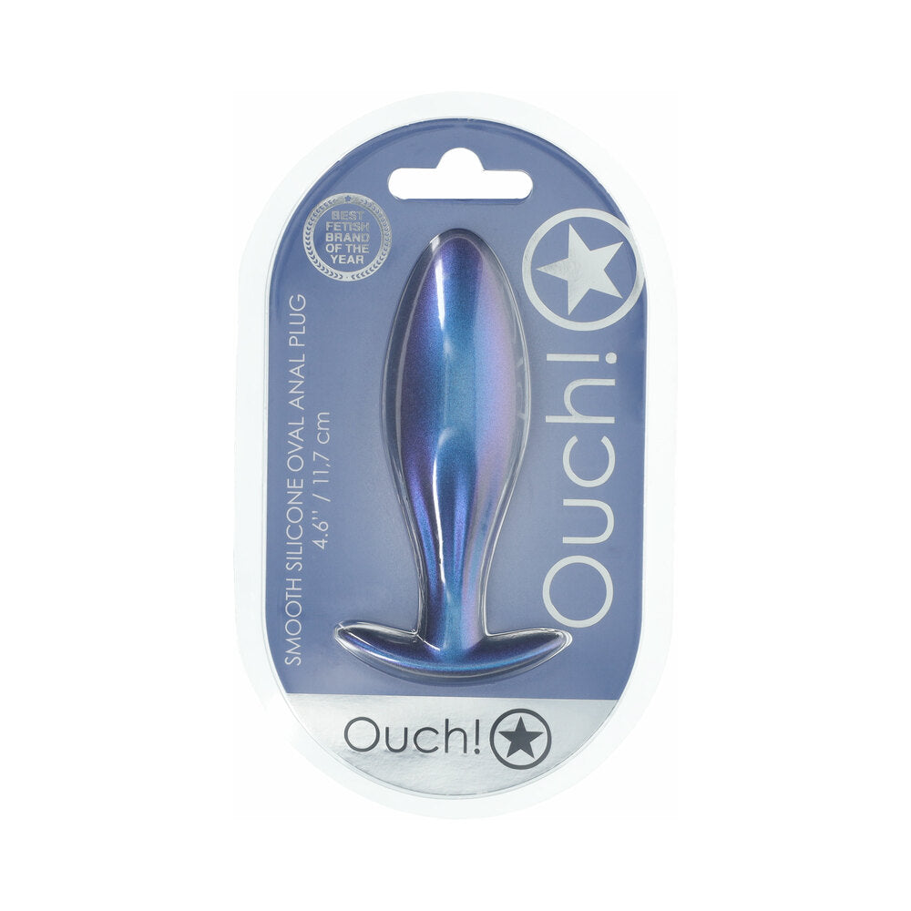 Shots - Ouch! Smooth Silicone Oval Anal Plug 4.6 in. Metallic Blue - Anal Toys & Stimulators - Silicone