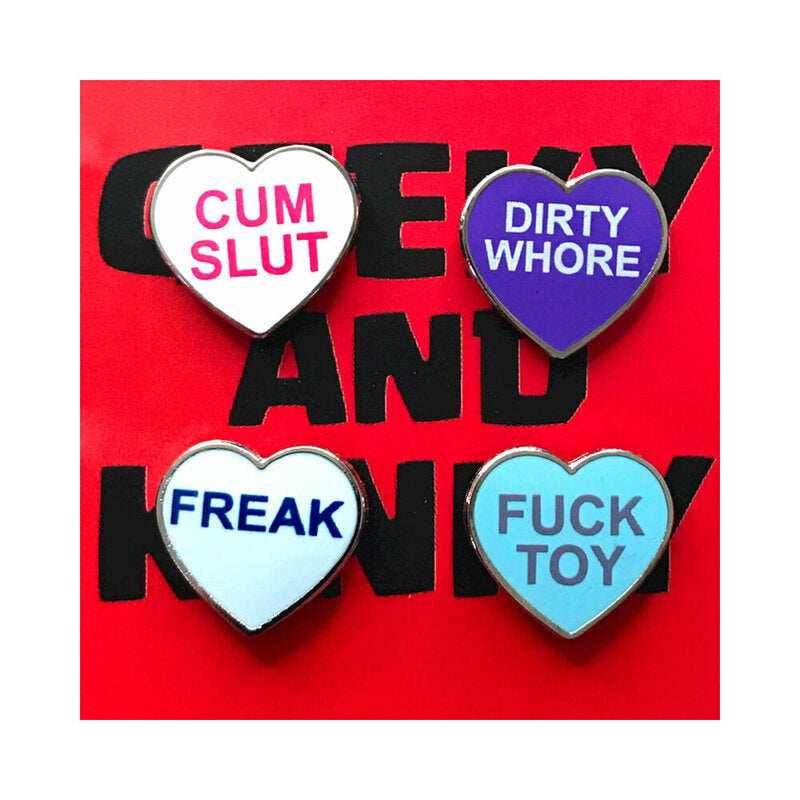 Geeky & Kinky - Geeky & Kinky Heart Pin 4-Pack (Cum Slut, Dirty Whore, Freak, Fuck Toy) - Novelties & Games - Metal