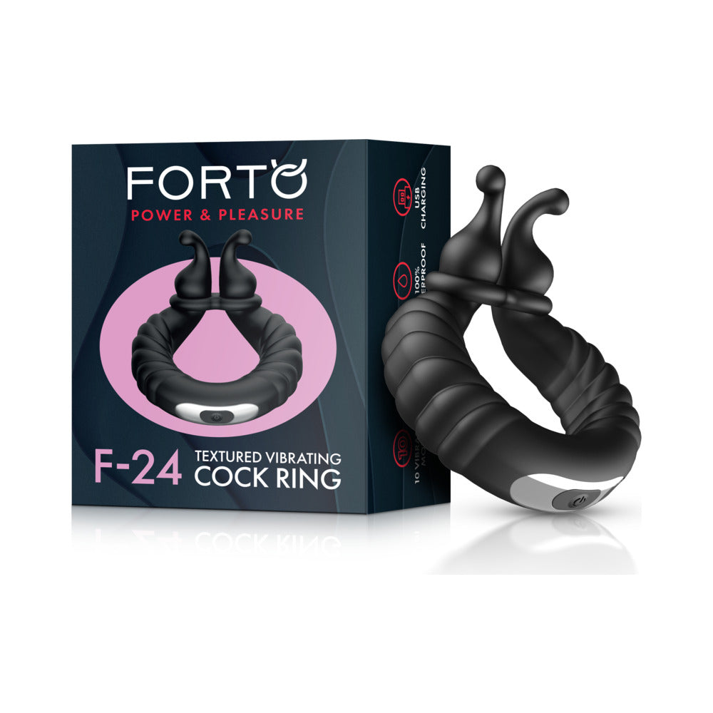 Forto - Forto F-24 Rechargeable Silicone Textured Vibrating Cockring Black - Cockrings - Silicone