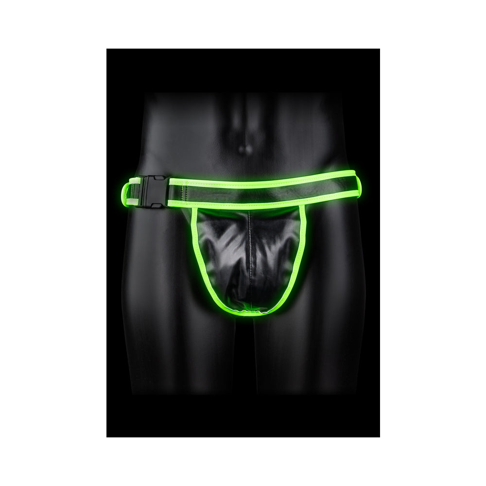 Shots - Ouch! Glow in the Dark Buckle Jock Strap Neon Green S/M - Bondage & Fetish Toys - Faux Leather/Vegan Leather