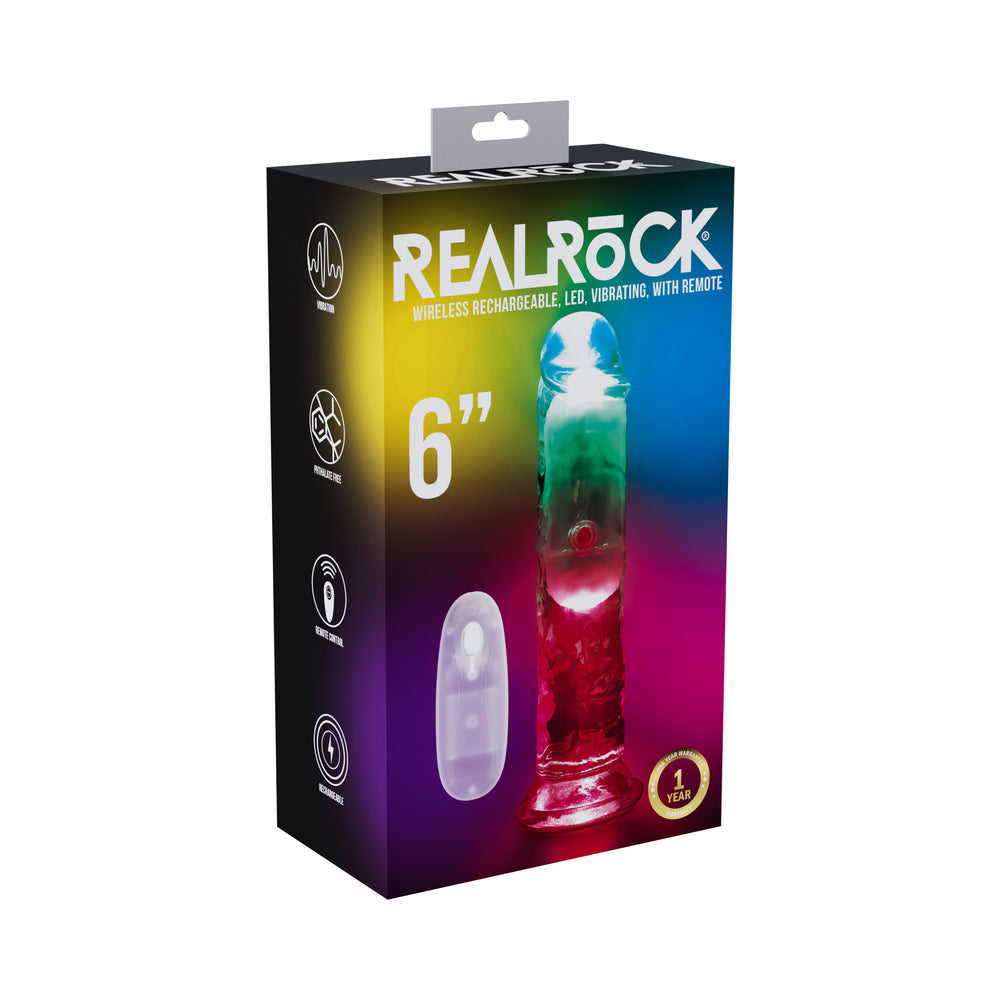 Shots - RealRock Wireless Rechargeable Remote Control LED Vibrating 6 in. Dildo Clear - Dildos - TPE/TPR/Elastomers
