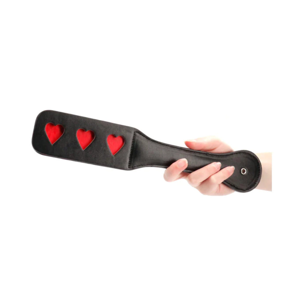 Shots - Ouch! Heart Pattern Paddle Black - Bondage & Fetish Toys - Faux Leather/Vegan Leather