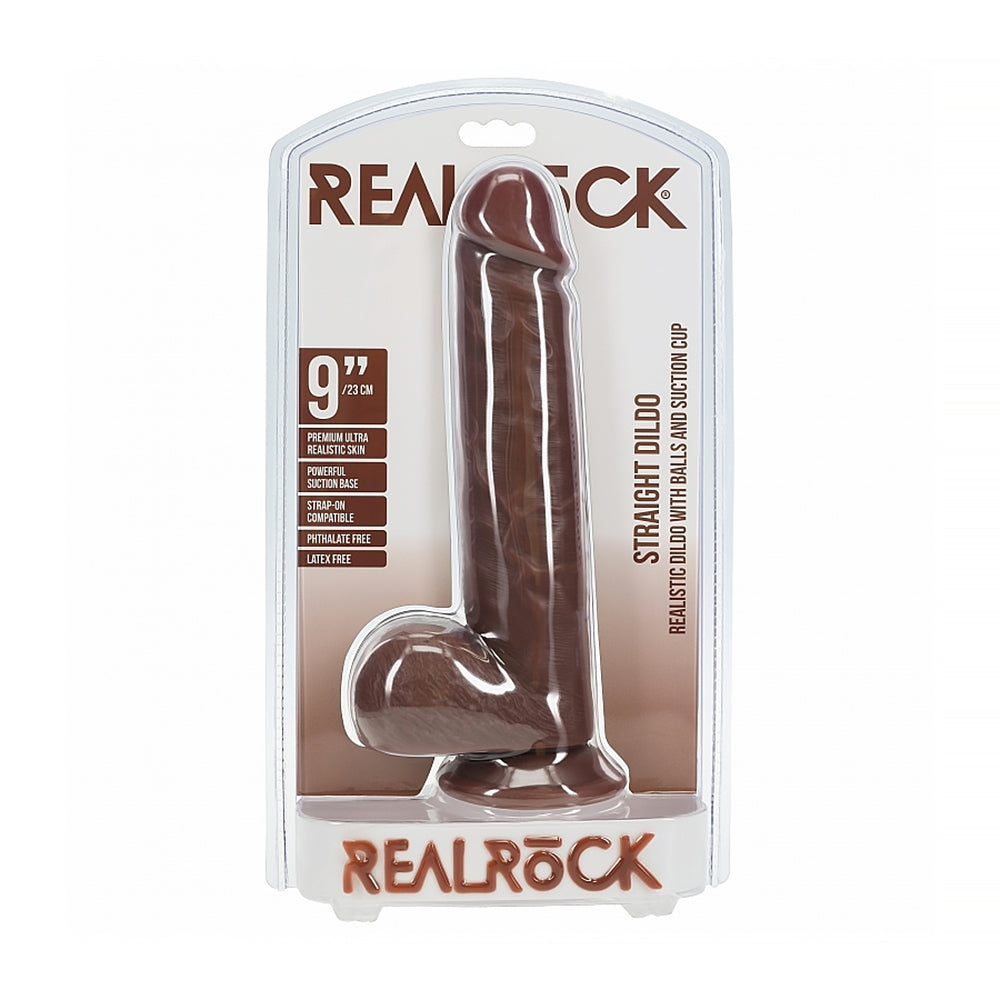 Shots - RealRock 9 in. Cock with Balls Straight Brown - Dildos