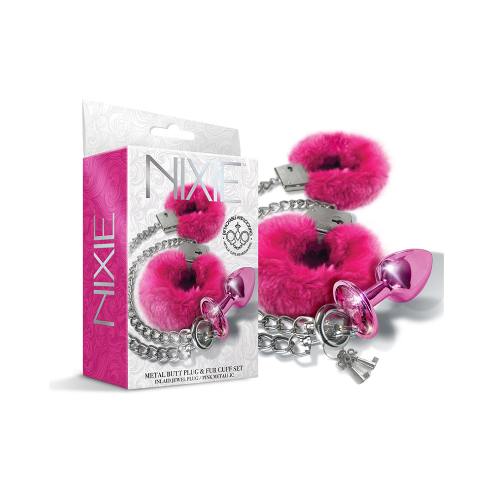 Global Novelties - Nixie Metal Butt Plug & Furry Handcuff Set Medium Pink Metallic - Anal Toys & Stimulators - Metal