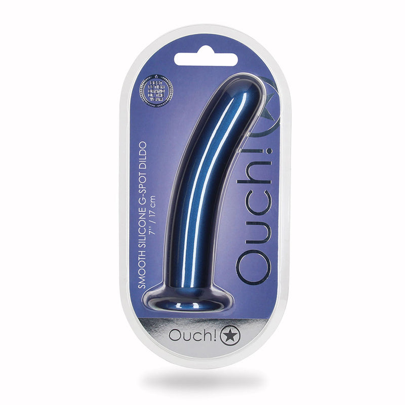 Shots - Ouch! Smooth Silicone 7 in. G-Spot Dildo Metallic Blue - Dildos - Silicone