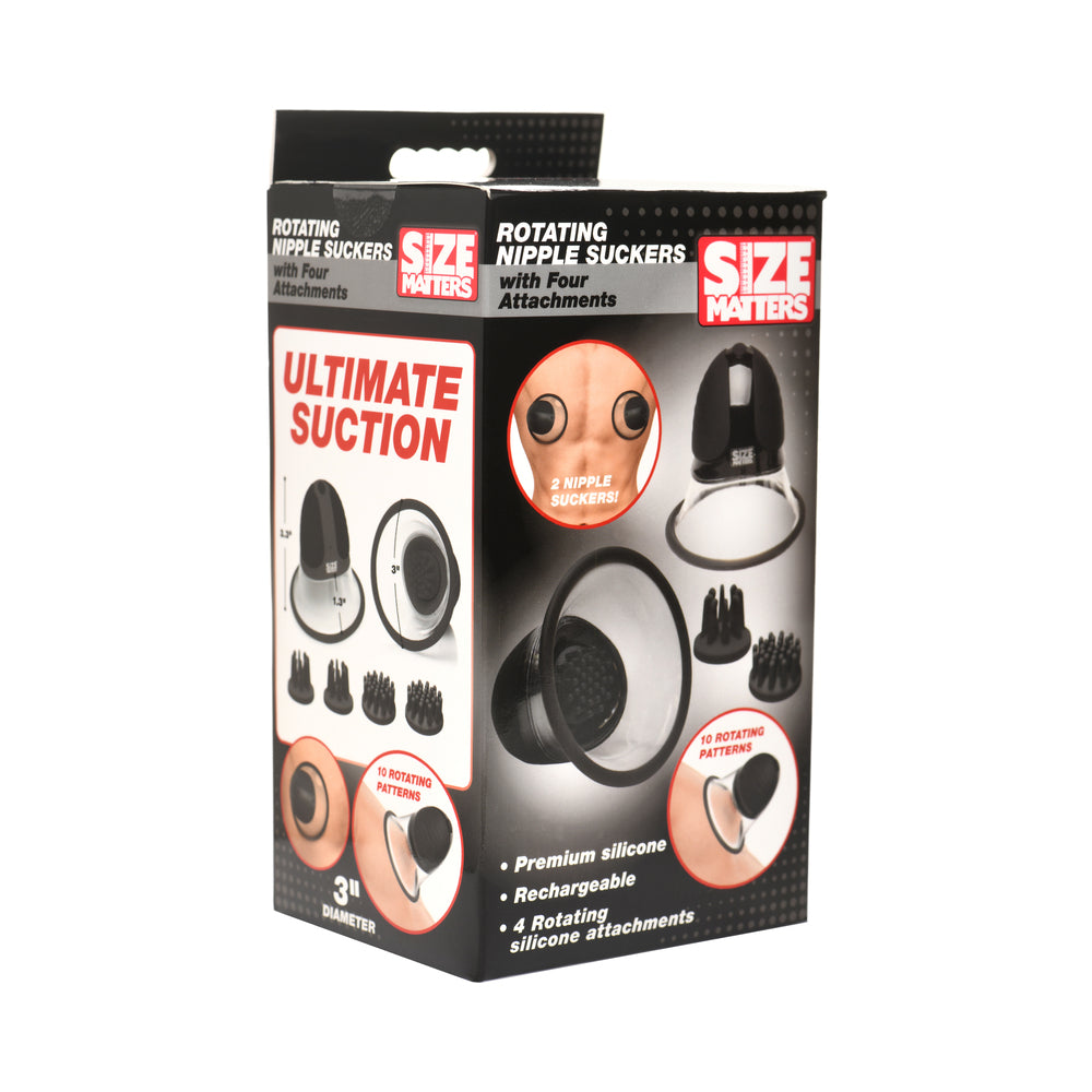 XR Brands - Size Matters 10X Rotating Silicone Nipple Suckers with 4 Attachments Black - Bondage & Fetish Toys - Silicone