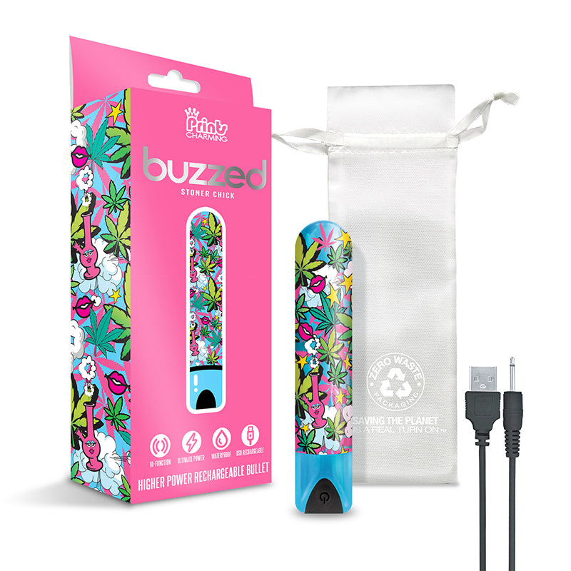 Global Novelties - Prints Charming Buzzed Rechargeable 3.5" Bullet - Stoner Chick - Blue - Vibrators - ABS