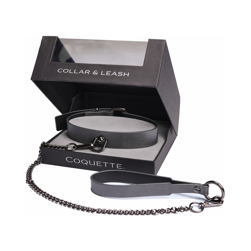 Coquette - Coquette Pleasure Collar & Leash Grey - Bondage & Fetish Toys - Faux Leather/Vegan Leather