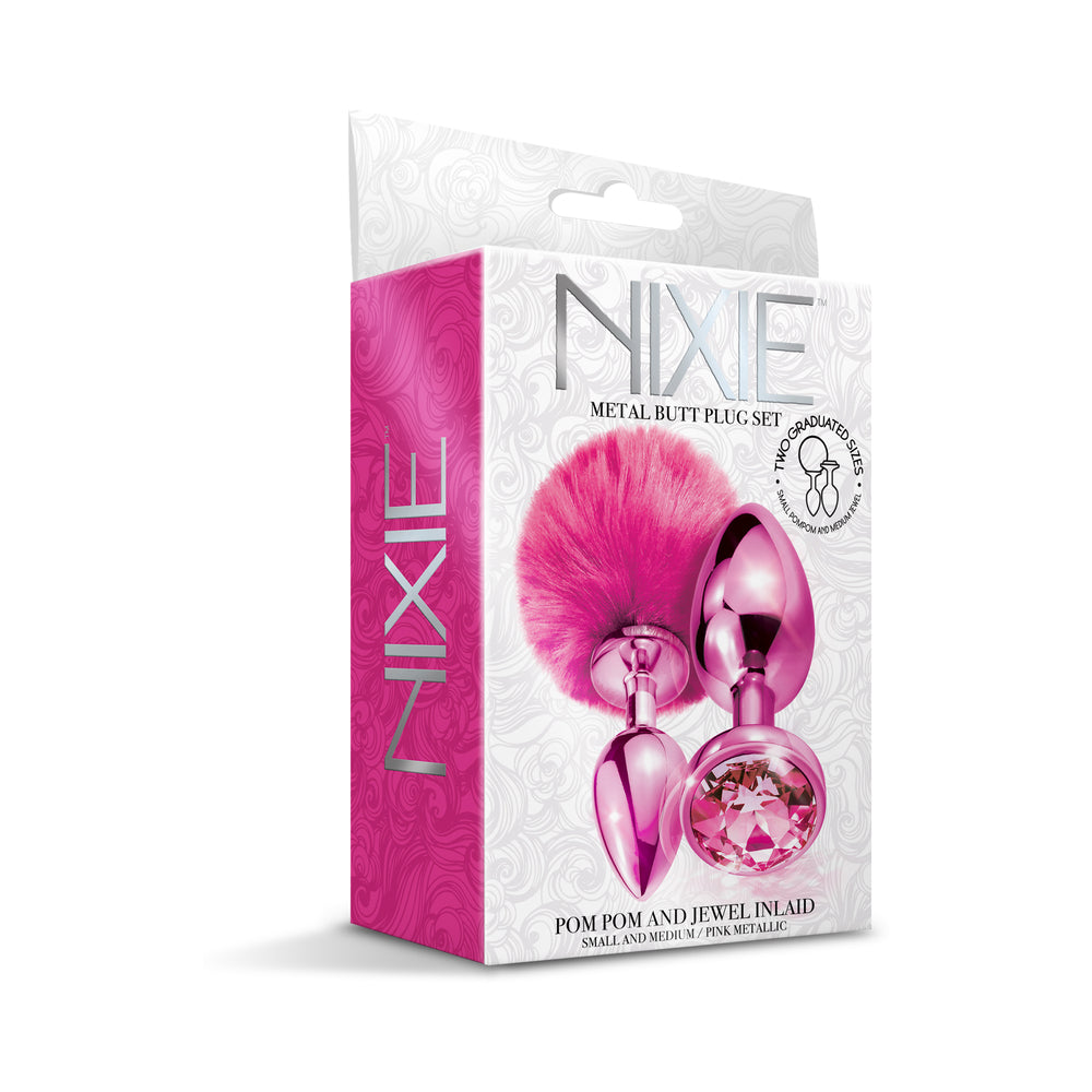 Global Novelties - NIXIE Metal Butt Plug Set Pom Pom and Jewel-Inlaid Metallic Pink - Anal Toys & Stimulators - Metal